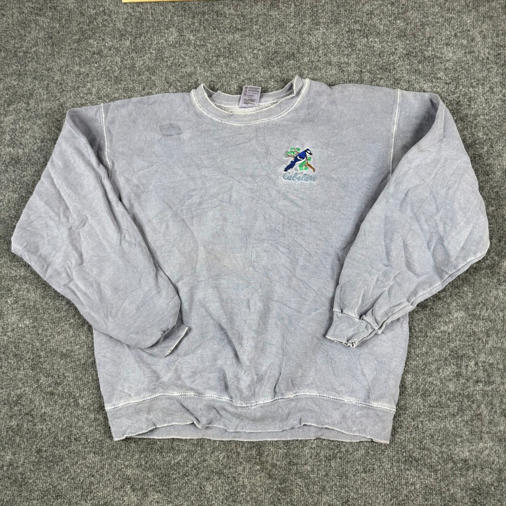 Cabelas Sweatshirt Mens Size L Blue Embroidered Bird Graphic Pullover USA Made